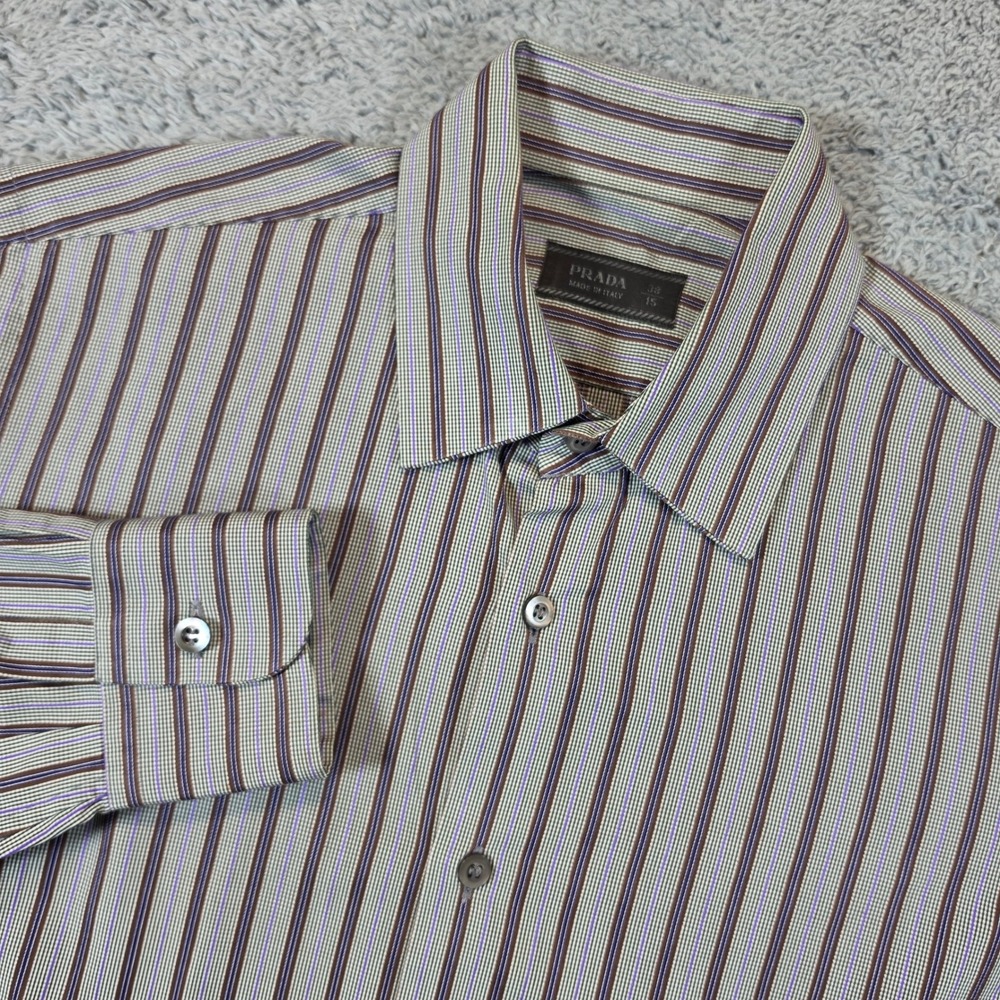 Prada Shirt Mens 15 38 Purple Striped Button Down Brown Long Sleeve Italy Luxury